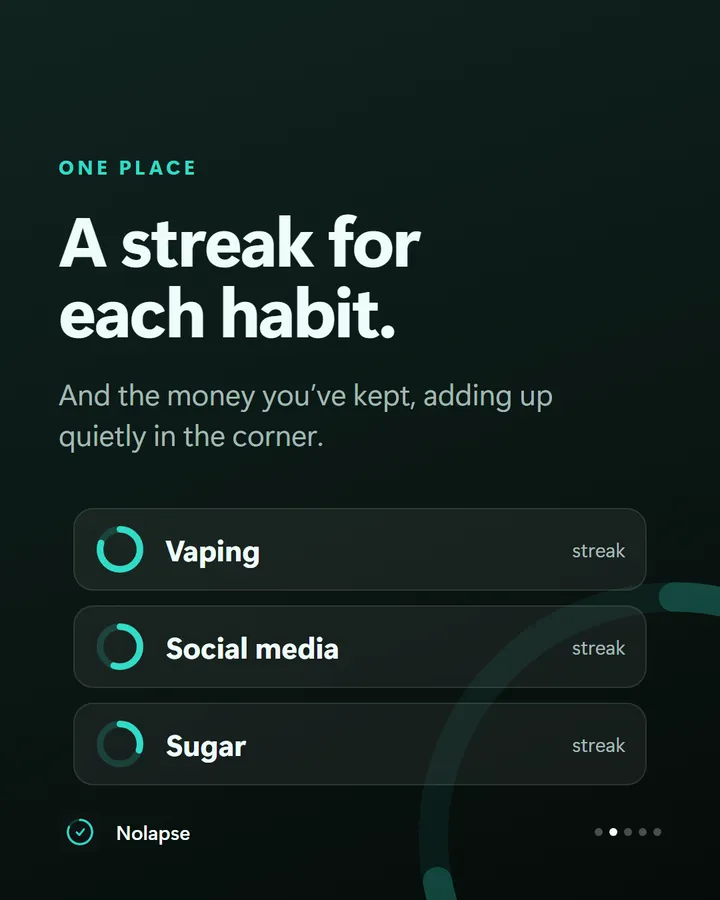 Nolapse preview: a streak for each habit, such as vaping, social media and sugar