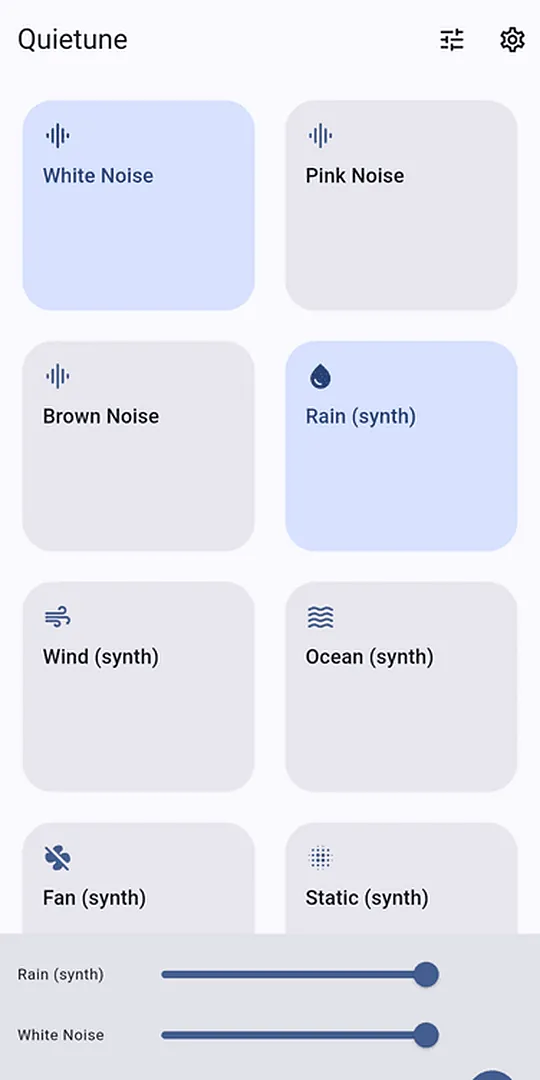 Quietune sound library with white, pink and brown noise, rain, wind and ocean