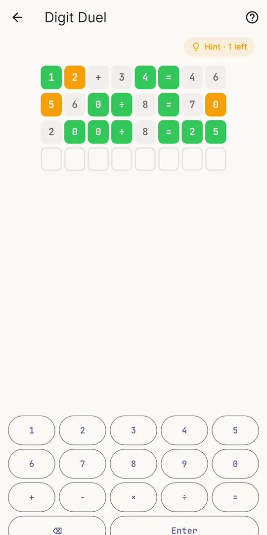 Witloop Digit Duel: coloured clues narrow down a hidden equation